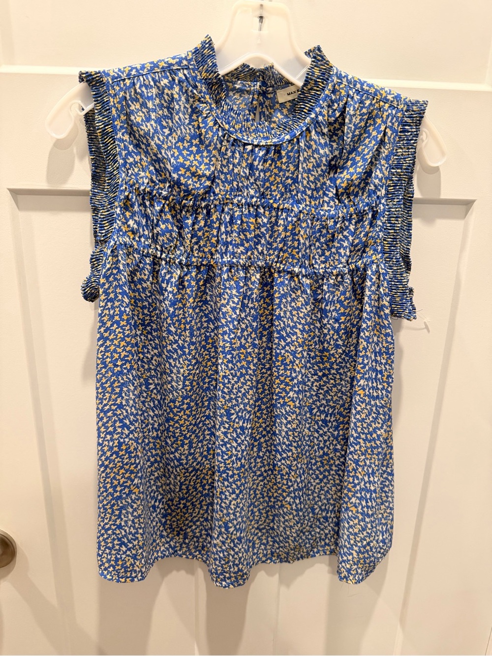 Max Studio Medium Blue Floral Ruffle Sleeveless Blouse Boho Top